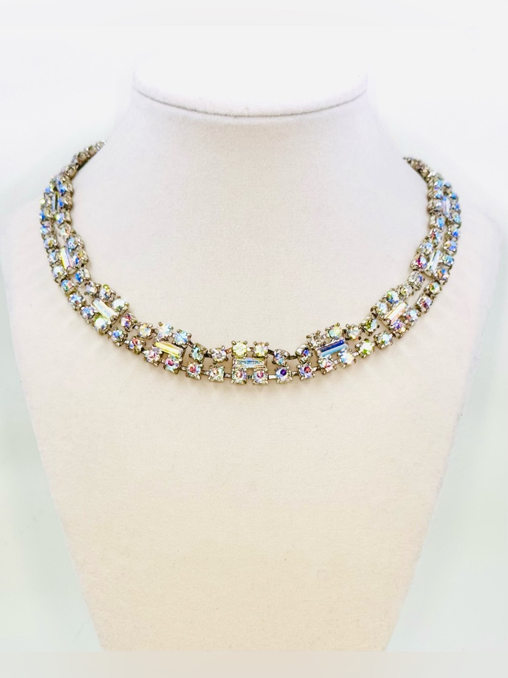 Vintage Gold Tone Aurora AB Rhinestone Baguette Link Choker Collar Necklace 17”